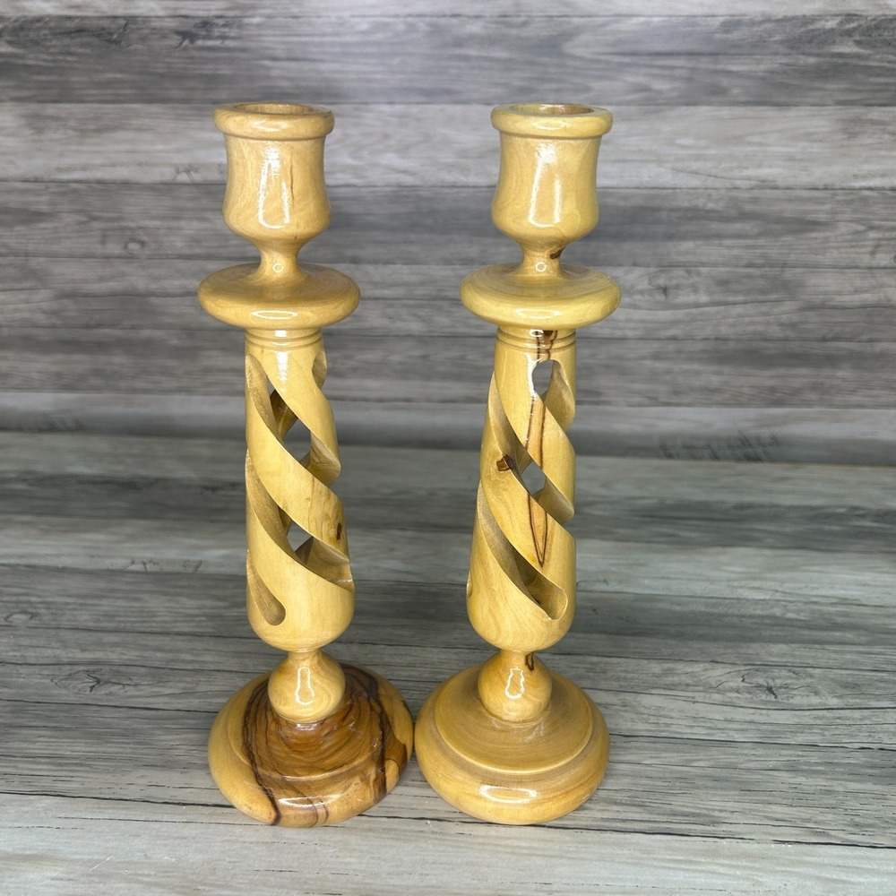 Bethlehem Candle Stick Holders Hand Carved Olive Wood Spiral‎ Pair 2 Set Israel